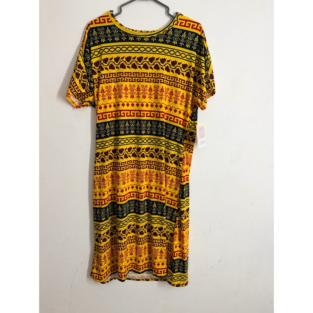LuLaRoe Marly Dress Large NWT Yellow Red Navy Greek Key Floral Midi Short Sleeve